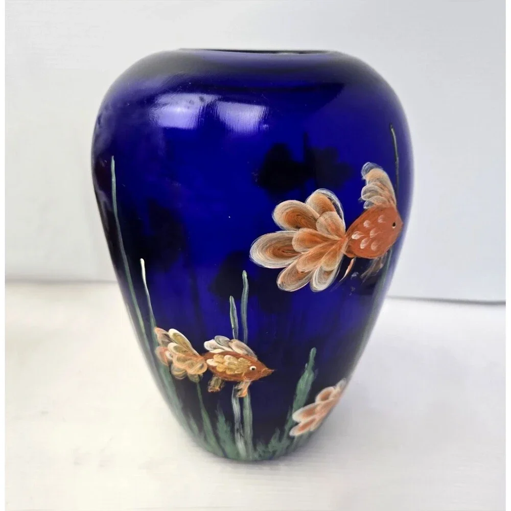 Cobalt Blue Art Glass Vase Hand Painted Koi Goldfish Aquatic Plants 8